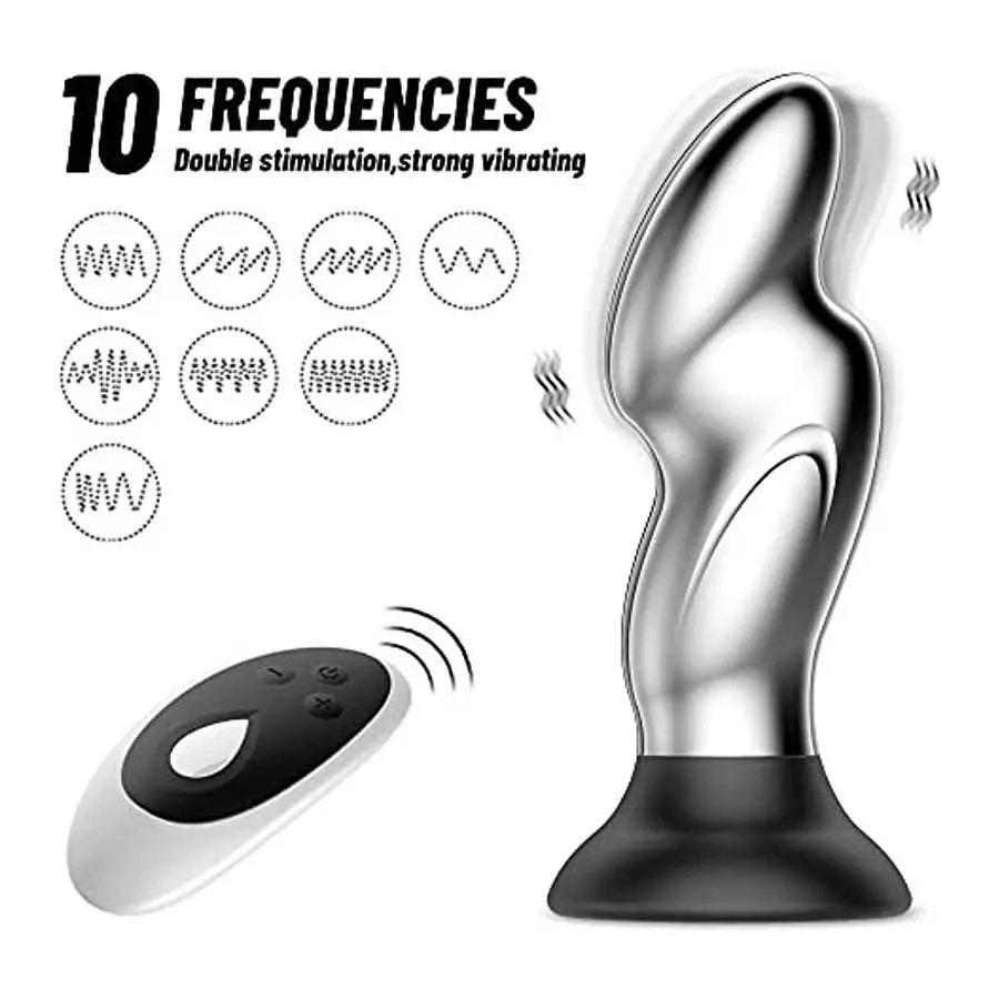 G-spot Anal Plug Metal Vibrator, Vibrating Prostate Massager Dildo with Suction Cup for Hands-Free, Remote Control 10 Vibrations