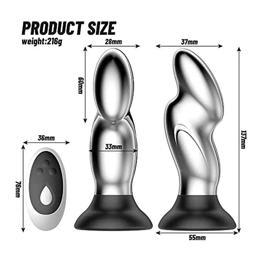 G-spot Anal Plug Metal Vibrator, Vibrating Prostate Massager Dildo with Suction Cup for Hands-Free, Remote Control 10 Vibrations