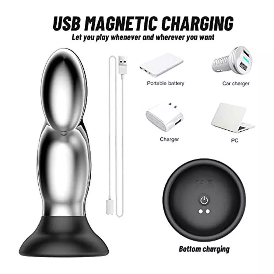 G-spot Anal Plug Metal Vibrator, Vibrating Prostate Massager Dildo with Suction Cup for Hands-Free, Remote Control 10 Vibrations