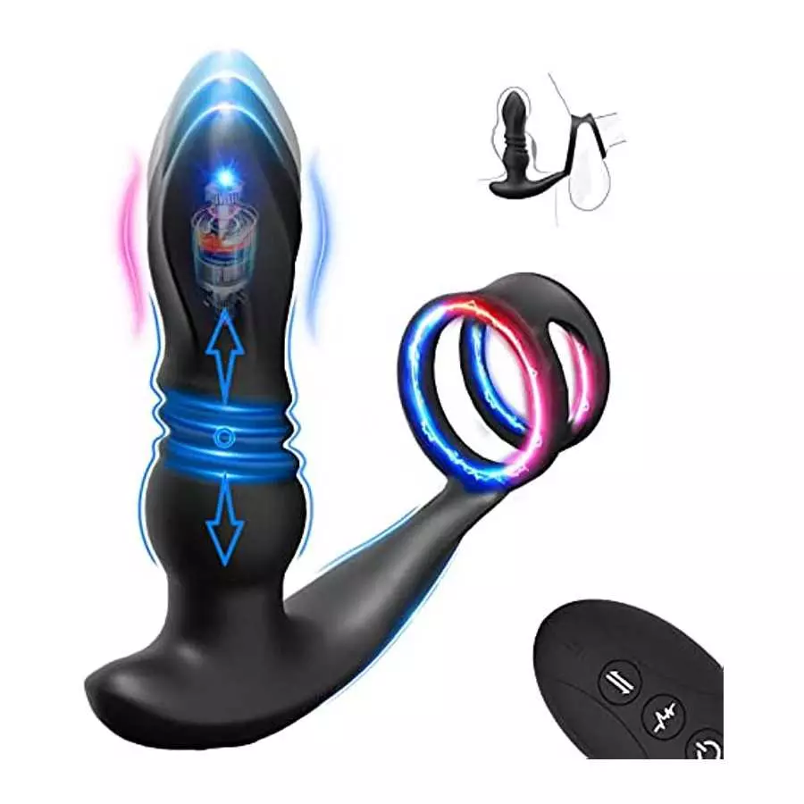 Male Vibrating Prostate Massager Thrusting Anal Vibrator Adult Sex Toys with Dual Cock Rings Remote Control Prostate Stimulor To