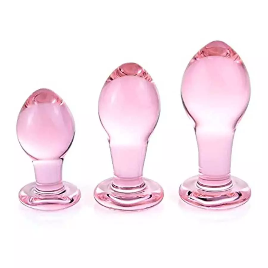 Glass Butt Plug Big, Medium and Small Three-Piece Butt Training Set Sex Slave Abuse Sex Toys Men and Women Combination Pink