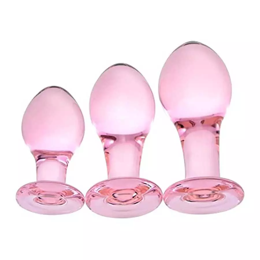 Glass Butt Plug Big, Medium and Small Three-Piece Butt Training Set Sex Slave Abuse Sex Toys Men and Women Combination Pink