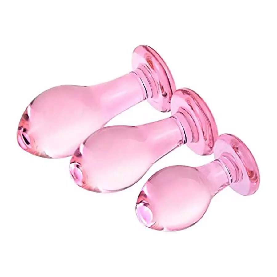 Glass Butt Plug Big, Medium and Small Three-Piece Butt Training Set Sex Slave Abuse Sex Toys Men and Women Combination Pink