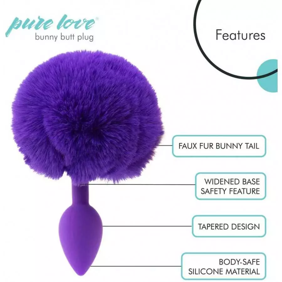 Pure Love Fluffy Bunny Tail, Silicone Anal Butt Plug, Purple Color, Adult Sex Toy, 45g