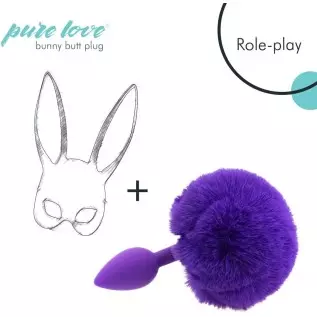 Pure Love Fluffy Bunny Tail, Silicone Anal Butt Plug, Purple Color, Adult Sex Toy, 45g