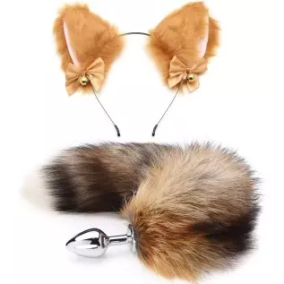 AKStore Fox Tail Anal Butt Plug Sex Toys for SM & Cospaly (Black-White + Ear)