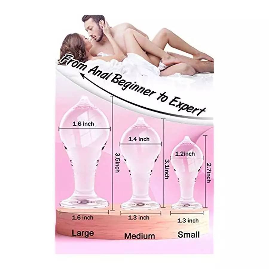 Butt Plug Training Set with See-Through Base, 3 Sizes Transparent Crystal Acrylic Anal Plugs Trainer Kit with Round Tip Tapered 
