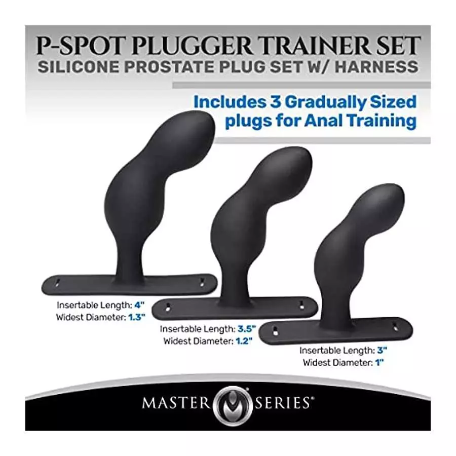 Master Series P-Spot Plugger Anal Prostate Plug Trainer Set with Harness. Premium Silicone Butt Plug Sex Pegging Toy. 3 Anal Plu