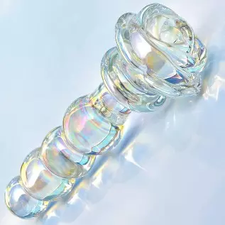 Glass Anal Beads Colorful Butt Plug Prostate Massager with Long Neck, Rose Round Base and 4 Gradual Beads Fetish Bum Plug Anal D