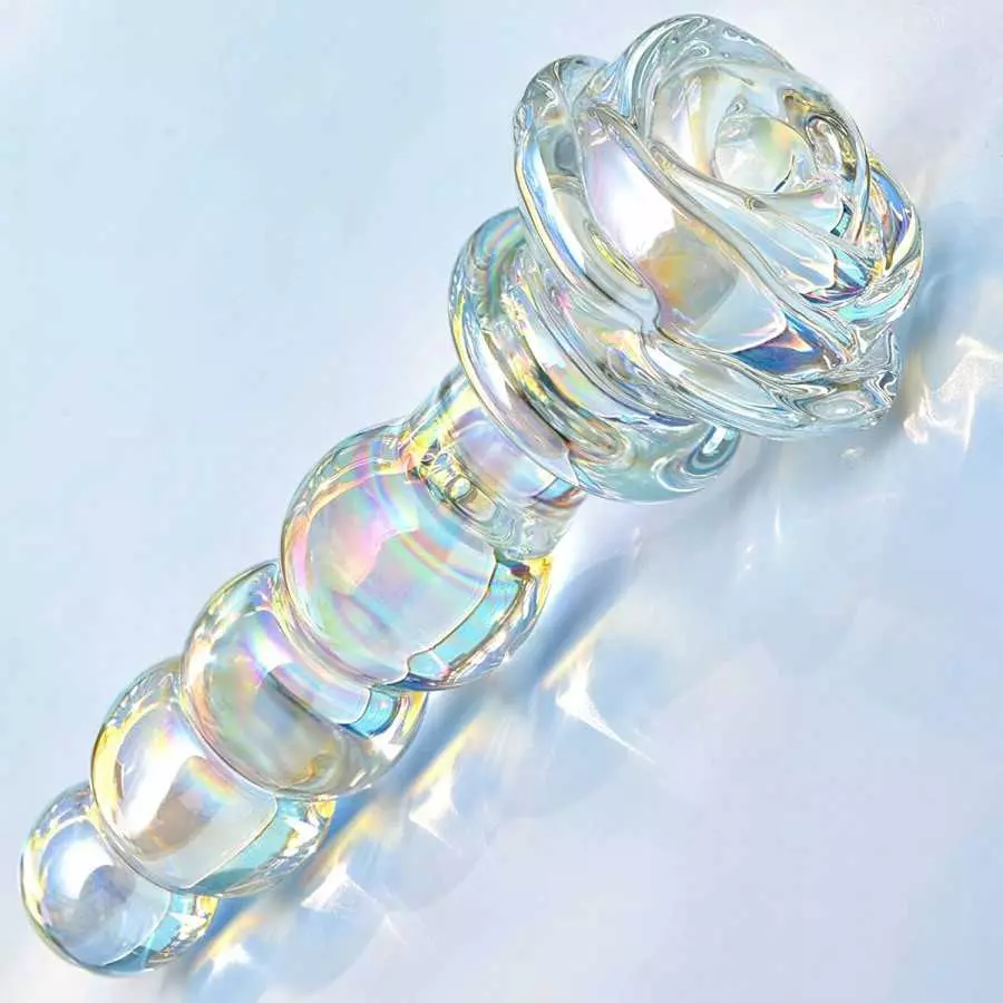 Glass Anal Beads Colorful Butt Plug Prostate Massager with Long Neck, Rose Round Base and 4 Gradual Beads Fetish Bum Plug Anal D