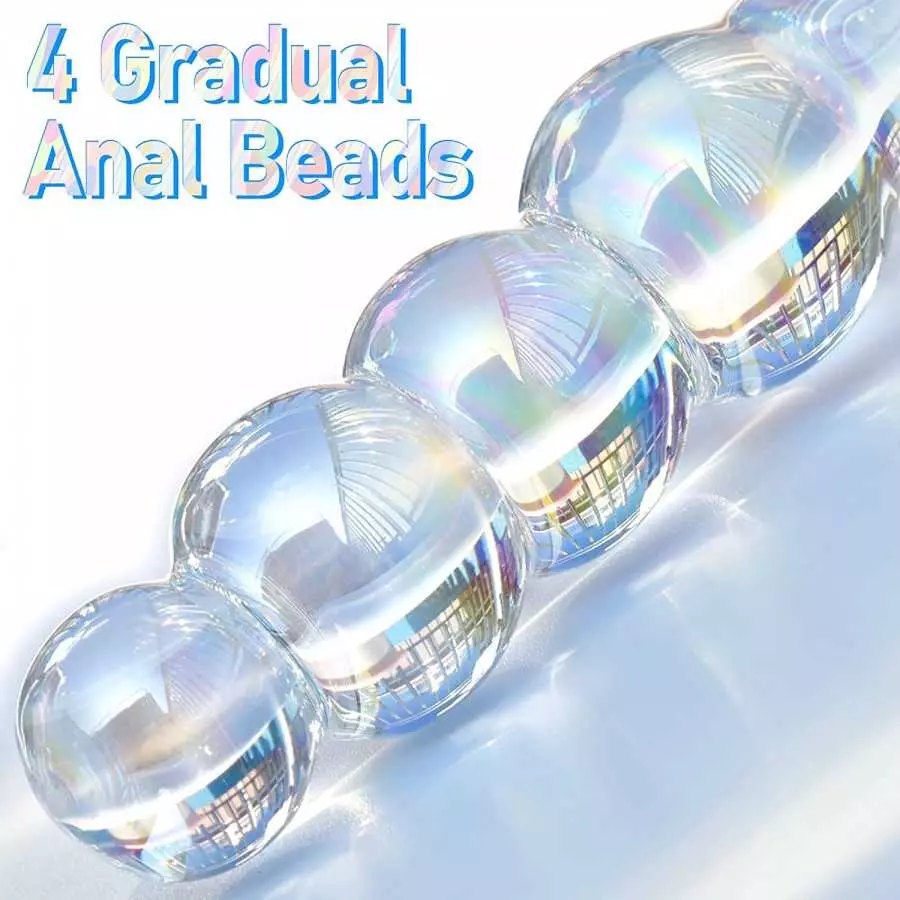 Glass Anal Beads Colorful Butt Plug Prostate Massager with Long Neck, Rose Round Base and 4 Gradual Beads Fetish Bum Plug Anal D