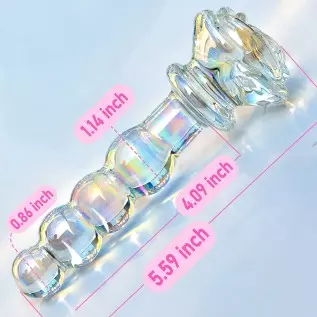 Glass Anal Beads Colorful Butt Plug Prostate Massager with Long Neck, Rose Round Base and 4 Gradual Beads Fetish Bum Plug Anal D