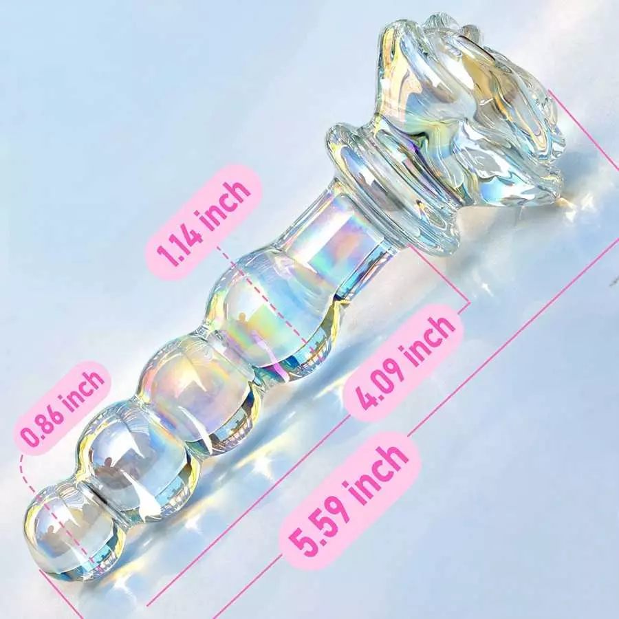 Glass Anal Beads Colorful Butt Plug Prostate Massager with Long Neck, Rose Round Base and 4 Gradual Beads Fetish Bum Plug Anal D