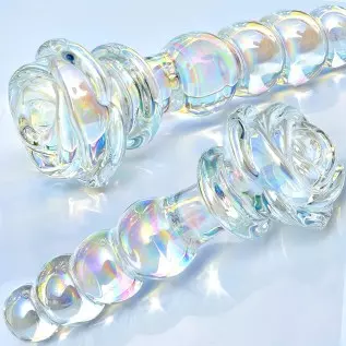 Glass Anal Beads Colorful Butt Plug Prostate Massager with Long Neck, Rose Round Base and 4 Gradual Beads Fetish Bum Plug Anal D