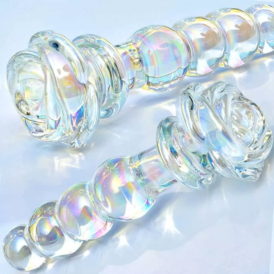 Glass Anal Beads Colorful Butt Plug Prostate Massager with Long Neck, Rose Round Base and 4 Gradual Beads Fetish Bum Plug Anal D