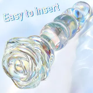 Glass Anal Beads Colorful Butt Plug Prostate Massager with Long Neck, Rose Round Base and 4 Gradual Beads Fetish Bum Plug Anal D