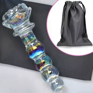 Glass Anal Beads Colorful Butt Plug Prostate Massager with Long Neck, Rose Round Base and 4 Gradual Beads Fetish Bum Plug Anal D