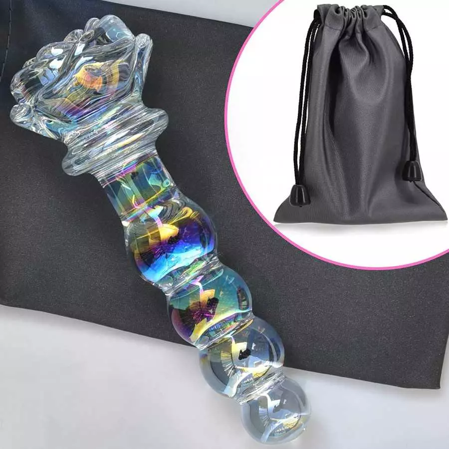 Glass Anal Beads Colorful Butt Plug Prostate Massager with Long Neck, Rose Round Base and 4 Gradual Beads Fetish Bum Plug Anal D