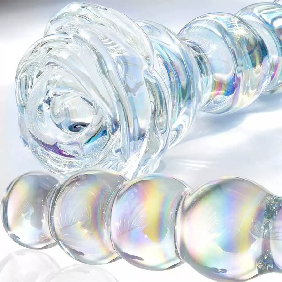 Glass Anal Beads Colorful Butt Plug Prostate Massager with Long Neck, Rose Round Base and 4 Gradual Beads Fetish Bum Plug Anal D