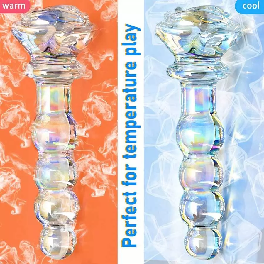 Glass Anal Beads Colorful Butt Plug Prostate Massager with Long Neck, Rose Round Base and 4 Gradual Beads Fetish Bum Plug Anal D