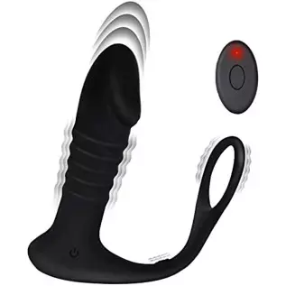 Thrusting Anal Vibrator with Cock Ring - Button & Remote Control Silicone Male Vibrator, Rechargeable Prostate Vibrator Sex Toys