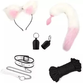 Cosplay Flirt Animal Tail Set/Anal Plug Fox Tail Female Sex Toy/Ear Hairpin/Breast Pump/Butt Plug-Pink