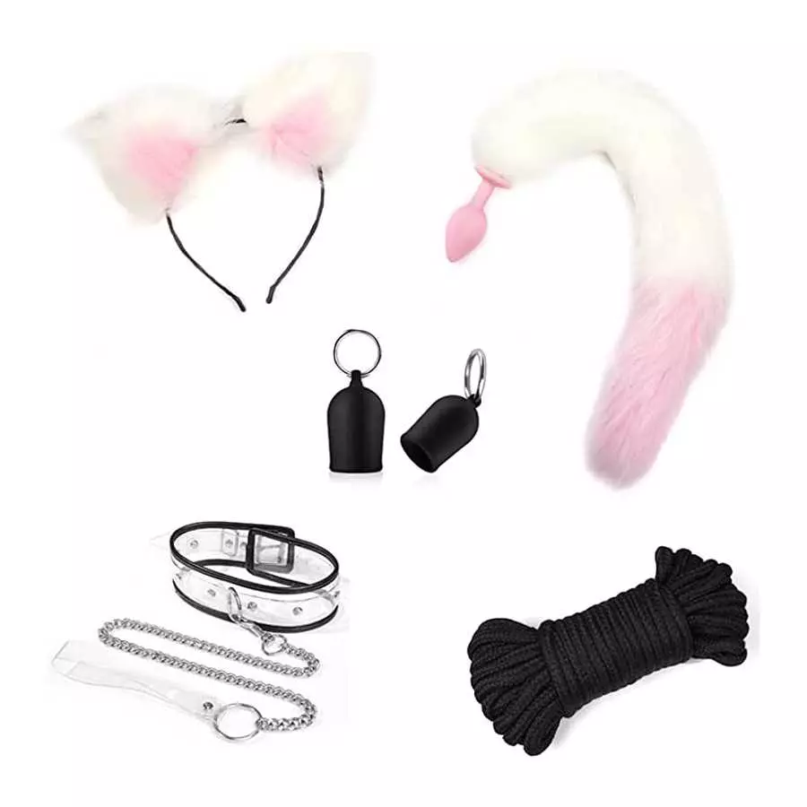Cosplay Flirt Animal Tail Set/Anal Plug Fox Tail Female Sex Toy/Ear Hairpin/Breast Pump/Butt Plug-Pink