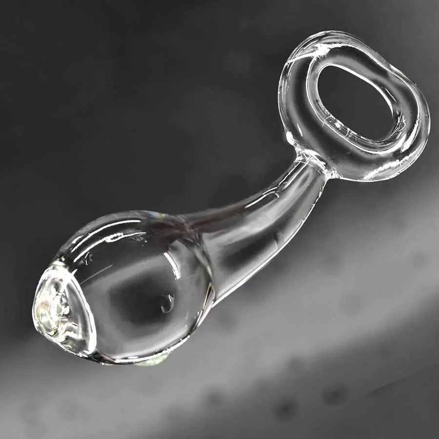 Glass Butt Plug with Pull Loop Anal Plug Prostate Massager with Spiral Texture, Long Neck and Tapered Head Fetish Anal Dilator M