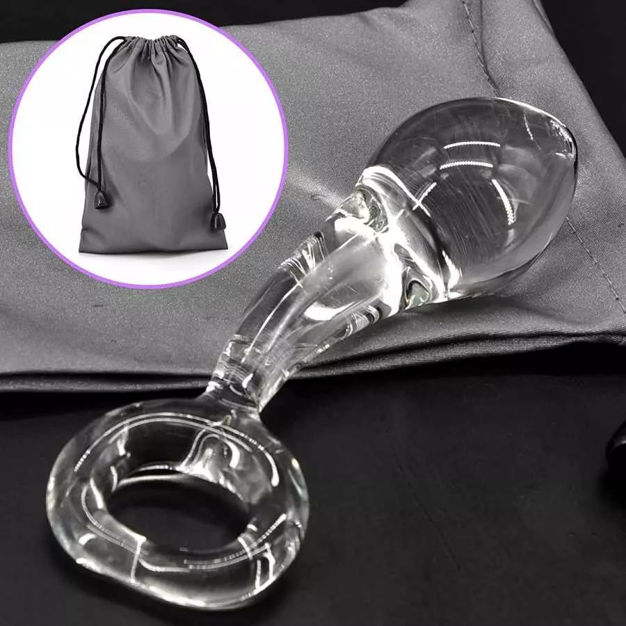 Glass Butt Plug with Pull Loop Anal Plug Prostate Massager with Spiral Texture, Long Neck and Tapered Head Fetish Anal Dilator M