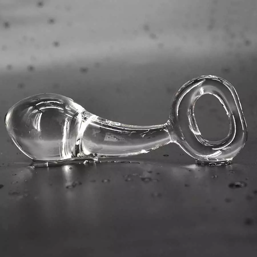 Glass Butt Plug with Pull Loop Anal Plug Prostate Massager with Spiral Texture, Long Neck and Tapered Head Fetish Anal Dilator M