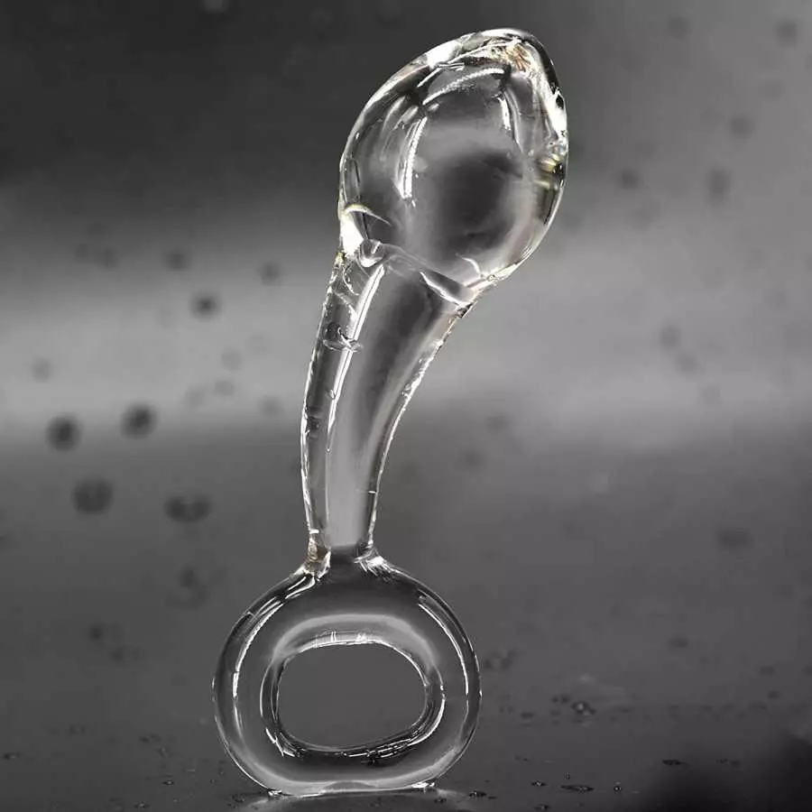 Glass Butt Plug with Pull Loop Anal Plug Prostate Massager with Spiral Texture, Long Neck and Tapered Head Fetish Anal Dilator M