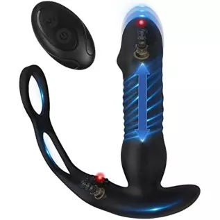 Thrusting Anal Vibrator Prostate Massager with Penis Ring Vibrating Dildo Anal Toy Butt Plug with 3 Thrust & 16 Vibration Modes,
