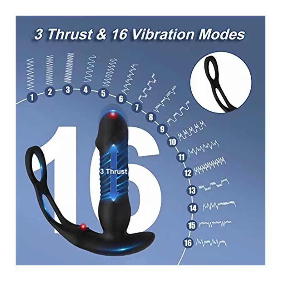 Thrusting Anal Vibrator Prostate Massager with Penis Ring Vibrating Dildo Anal Toy Butt Plug with 3 Thrust & 16 Vibration Modes,