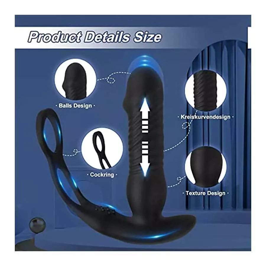 Thrusting Anal Vibrator Prostate Massager with Penis Ring Vibrating Dildo Anal Toy Butt Plug with 3 Thrust & 16 Vibration Modes,