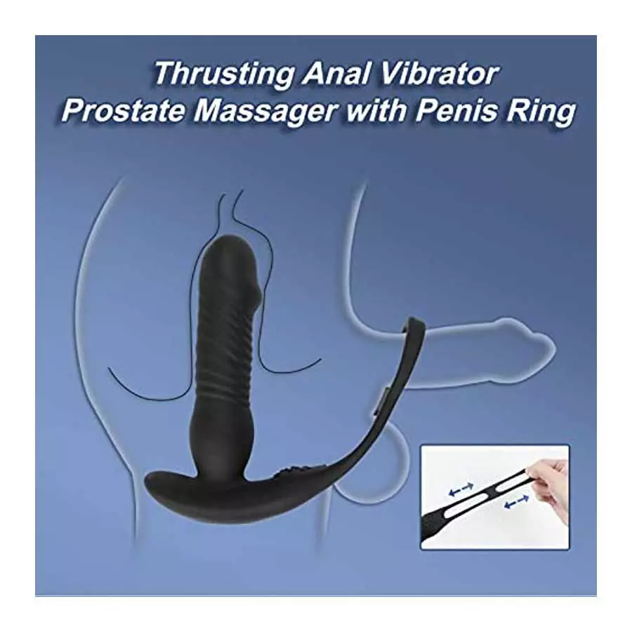 Thrusting Anal Vibrator Prostate Massager with Penis Ring Vibrating Dildo Anal Toy Butt Plug with 3 Thrust & 16 Vibration Modes,