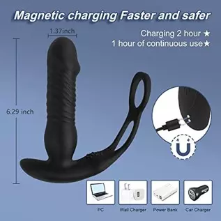 Thrusting Anal Vibrator Prostate Massager with Penis Ring Vibrating Dildo Anal Toy Butt Plug with 3 Thrust & 16 Vibration Modes,