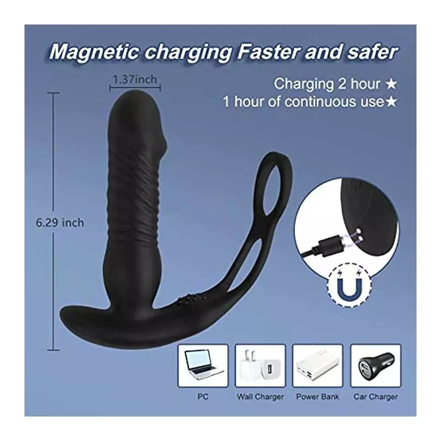 Thrusting Anal Vibrator Prostate Massager with Penis Ring Vibrating Dildo Anal Toy Butt Plug with 3 Thrust & 16 Vibration Modes,