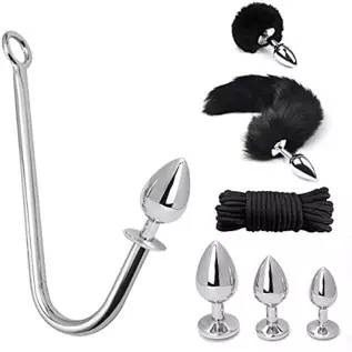Anal Sex Toys Multifunction 7Pcs Set, Metal Anal Hook，Fox and Rabbit Tail Anal PlugWith，Comes 3 Interchangeable Heart Shape Meta