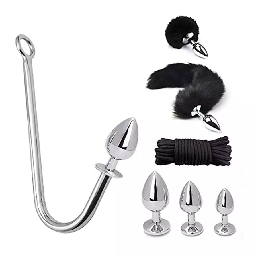 Anal Sex Toys Multifunction 7Pcs Set, Metal Anal Hook，Fox and Rabbit Tail Anal PlugWith，Comes 3 Interchangeable Heart Shape Meta