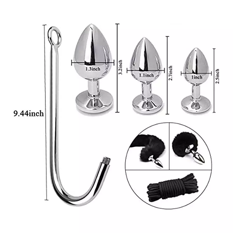 Anal Sex Toys Multifunction 7Pcs Set, Metal Anal Hook，Fox and Rabbit Tail Anal PlugWith，Comes 3 Interchangeable Heart Shape Meta