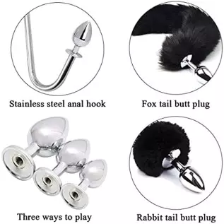 Anal Sex Toys Multifunction 7Pcs Set, Metal Anal Hook，Fox and Rabbit Tail Anal PlugWith，Comes 3 Interchangeable Heart Shape Meta