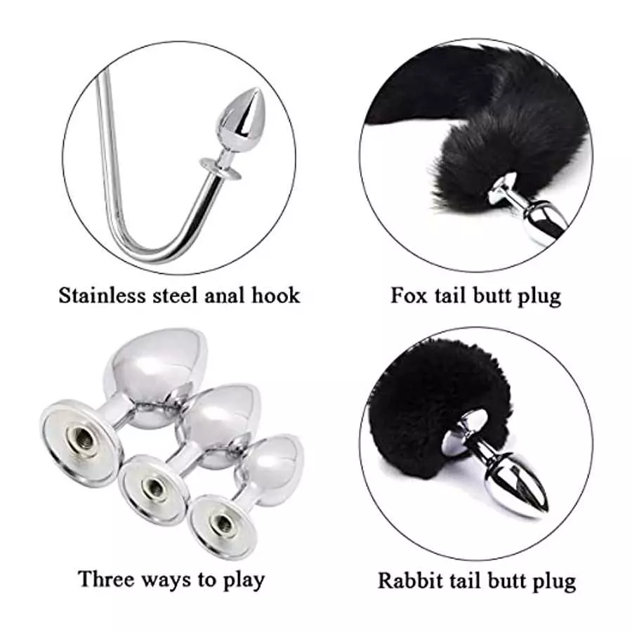 Anal Sex Toys Multifunction 7Pcs Set, Metal Anal Hook，Fox and Rabbit Tail Anal PlugWith，Comes 3 Interchangeable Heart Shape Meta