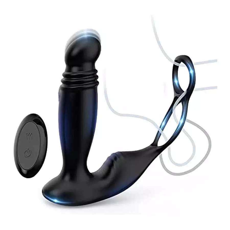Prostate Massager with Dual Cock Ring, Prostate Toy Prostate Massage Prostate Vibrator with 10 x 5 Modes, Thrusting Vibrating Bu Prostate Massager with Dual Cock Ring, Prostate Toy Prostate Massage Prostate Vibrator with 10 x 5 Modes, Thrusting Vibrating Bu