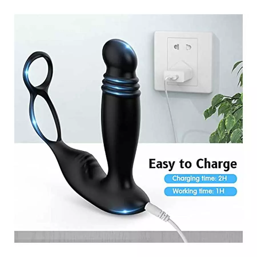 Prostate Massager with Dual Cock Ring, Prostate Toy Prostate Massage Prostate Vibrator with 10 x 5 Modes, Thrusting Vibrating Bu