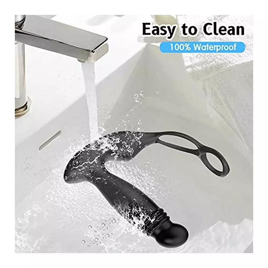 Prostate Massager with Dual Cock Ring, Prostate Toy Prostate Massage Prostate Vibrator with 10 x 5 Modes, Thrusting Vibrating Bu