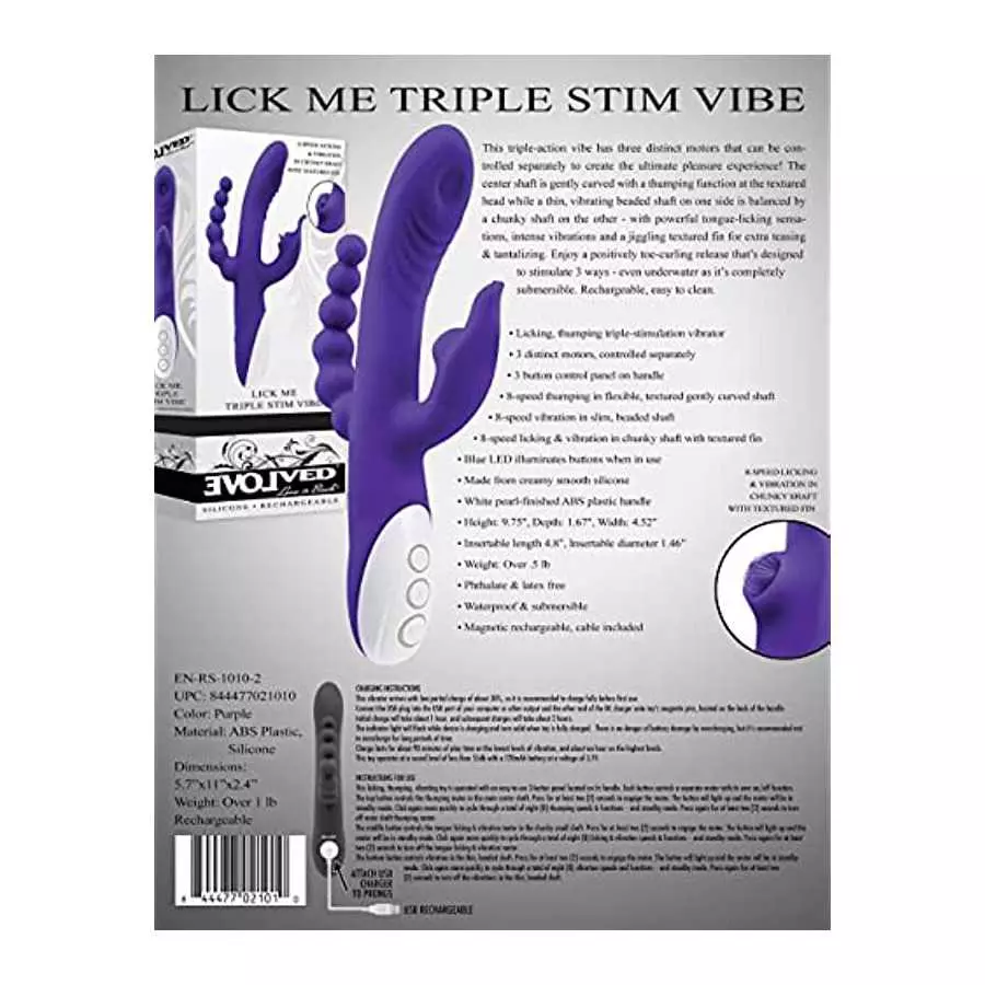 Evolved Love is Back- Lick Me Triple Stim Vibe - Rechargeable Silicone 8-Speed Licking & Vibration in Chunky Shaft with Textured