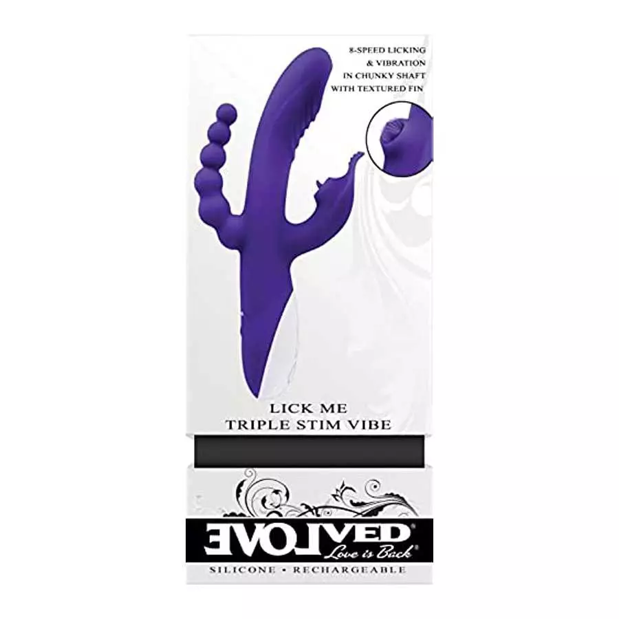 Evolved Love is Back- Lick Me Triple Stim Vibe - Rechargeable Silicone 8-Speed Licking & Vibration in Chunky Shaft with Textured