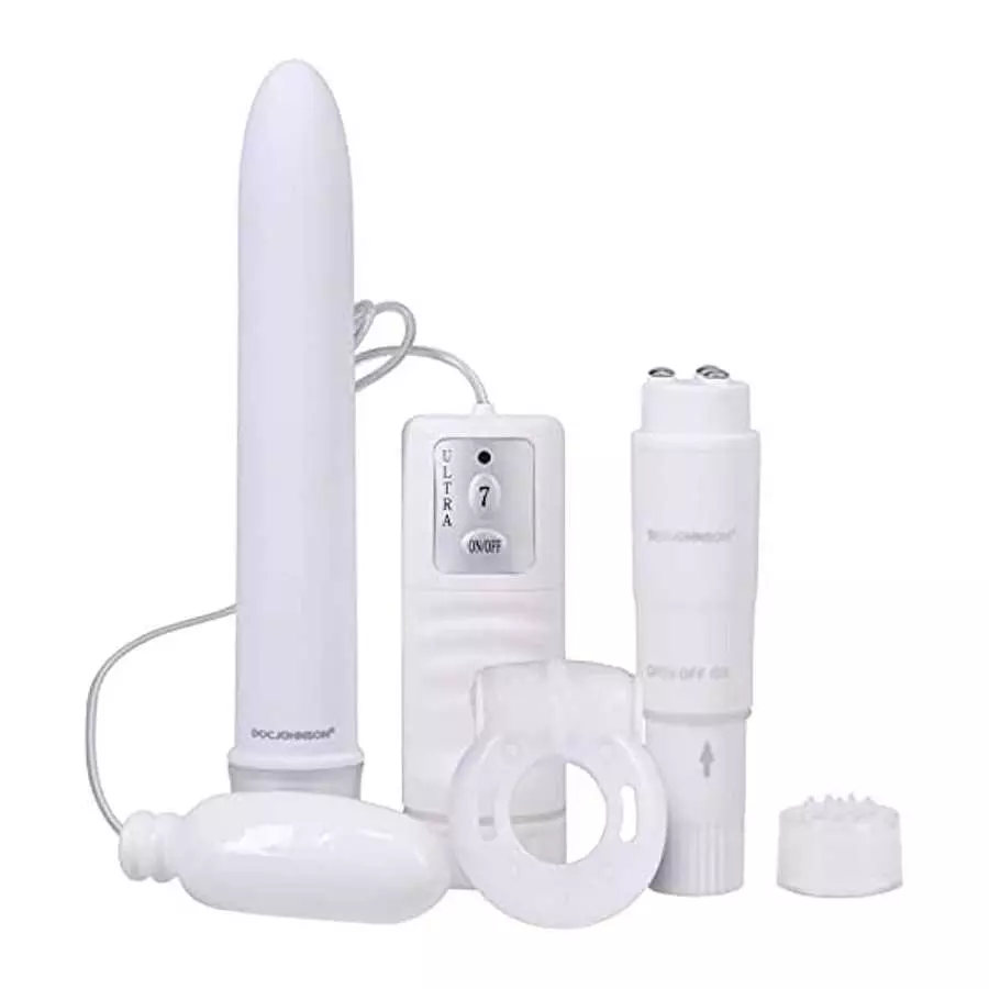 Doc Johnson White Nights - Pleasure Kit - 7 Inch Vibe, Bullet Vibe, Pocket Rocket, Vibrating C-Ring - White Doc Johnson White Nights - Pleasure Kit - 7 Inch Vibe, Bullet Vibe, Pocket Rocket, Vibrating C-Ring - White