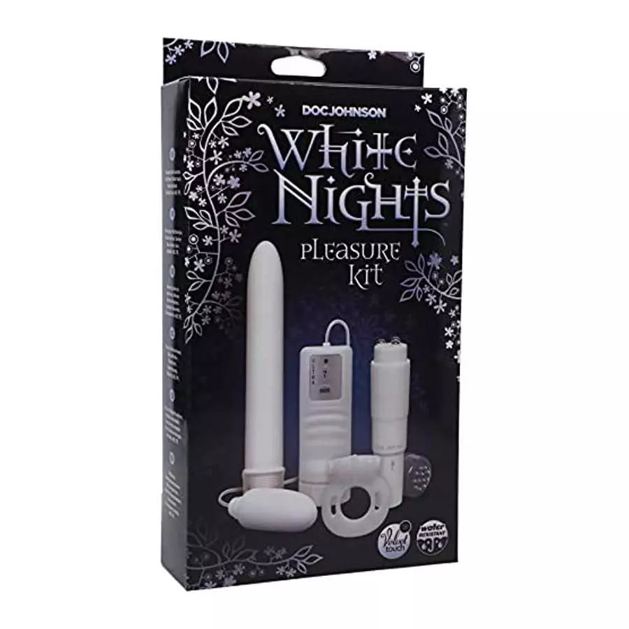 Doc Johnson White Nights - Pleasure Kit - 7 Inch Vibe, Bullet Vibe, Pocket Rocket, Vibrating C-Ring - White