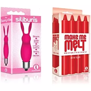 Sexy Gift Set Bundle of Silibuns, Silicone Bunny Bullet Pink and Icon Brands Make Me Melt Sensual Warm-Drip Candles, 4 Pack, Red